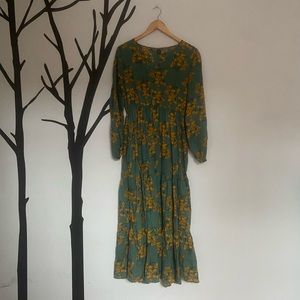 Boho cottagecore deep sage + mustard floral long sleeve maxi dress